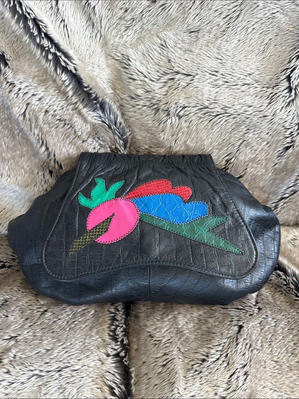 Vintage Black Leather Women's Clutch with Colorful Appliqué